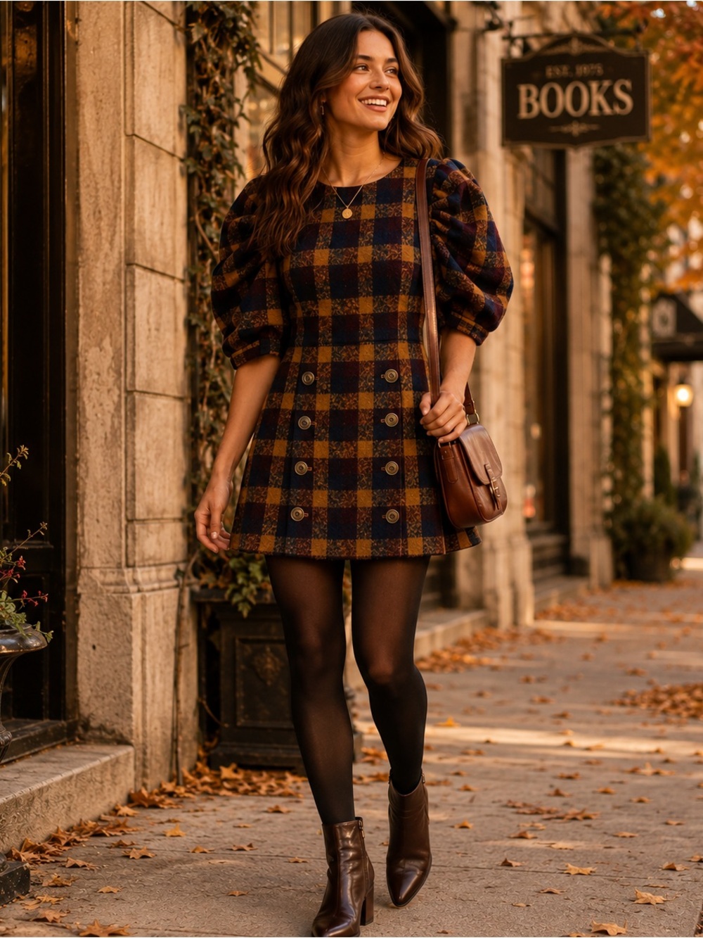 Tularosa Wool Blend Plaid Puff Sleeve A-Line Mini Dress Size Small Fall Romantic